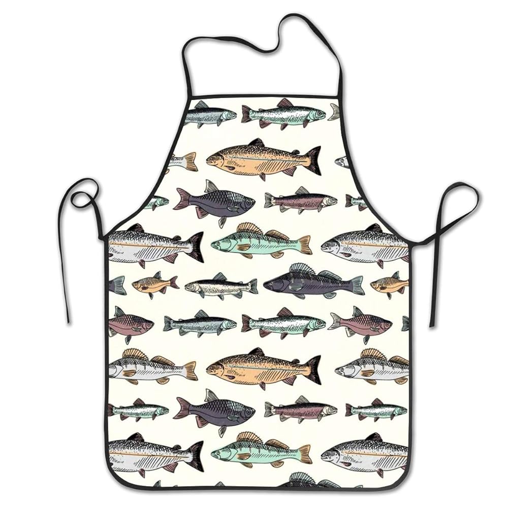 Amazon.co.jp: [MIRFJVYZ] エプロン 魚柄 さかな 白地 カフェ